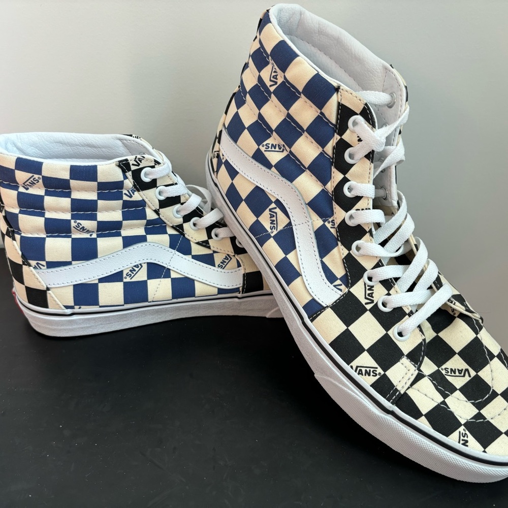 Vans Blue and Cream Checkerboard High-Tops
